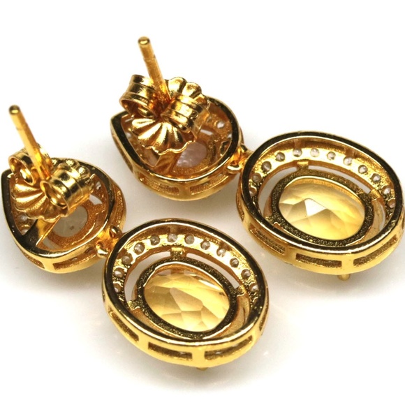 925 Sterling Silver 6 x 8 mm. Yellow Citrine, Sapphire & Zircon Earrings - Picture 3 of 3